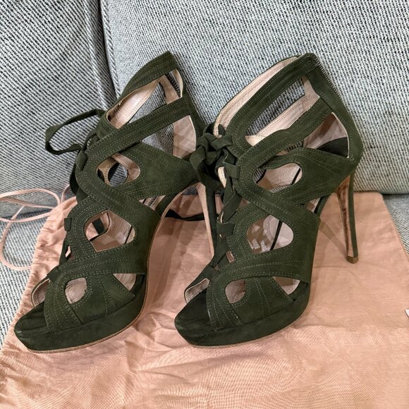 Miu Miu Olive Green Suede Peep-Toe Heels Size US 8 EU 38 - Picture 1 of 6